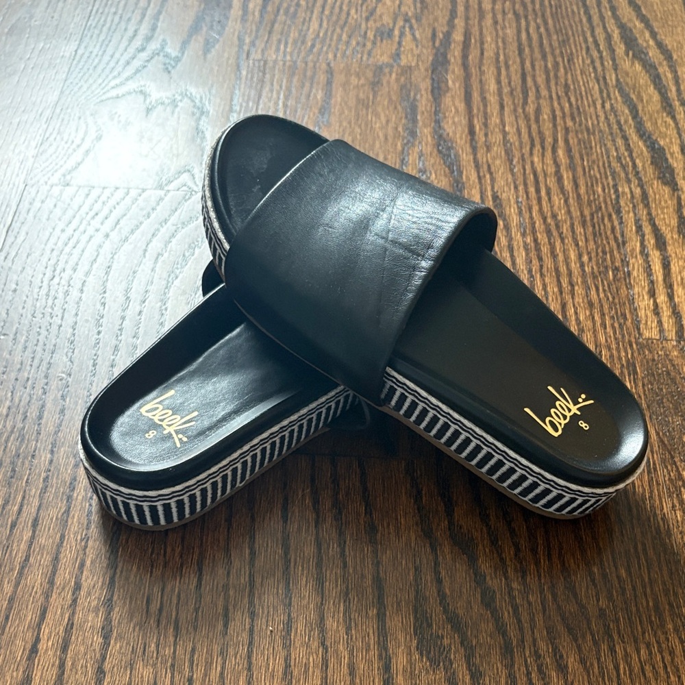 beek Black Slide Sandals with Striped Platform